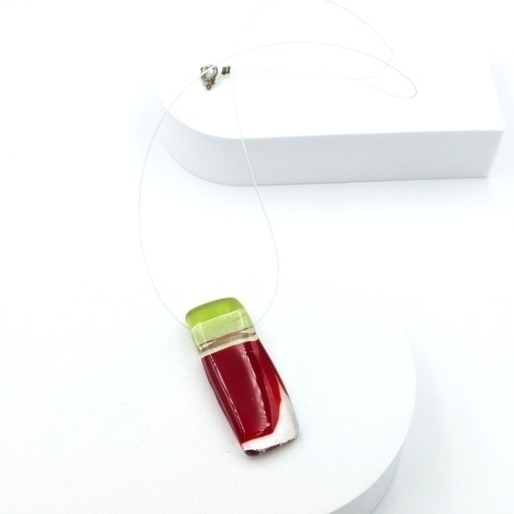 Hand crafted fused glass red and green pendant necklace